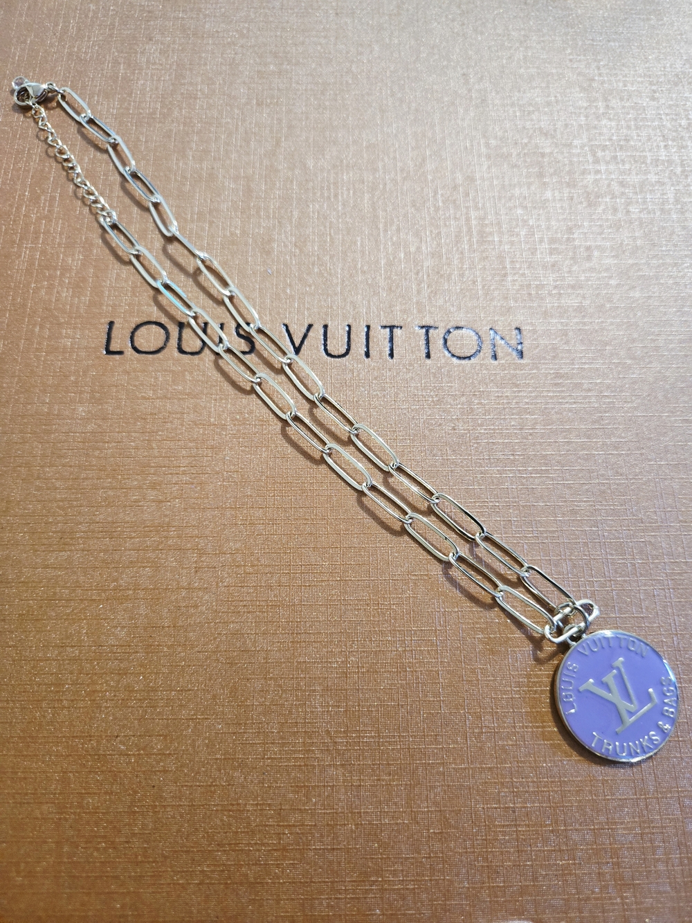 Louis Vuitton Lavender Enamel Logo Disc Necklace with Gold-Tone Paperclip Chain - Picture 2 of 5